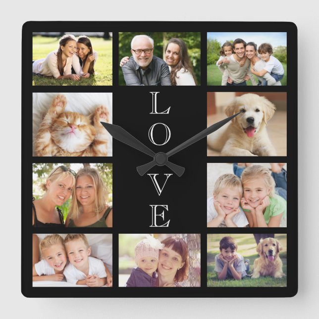 Horloge Carrée Family Love 10 Photo Collage noir (Recto)