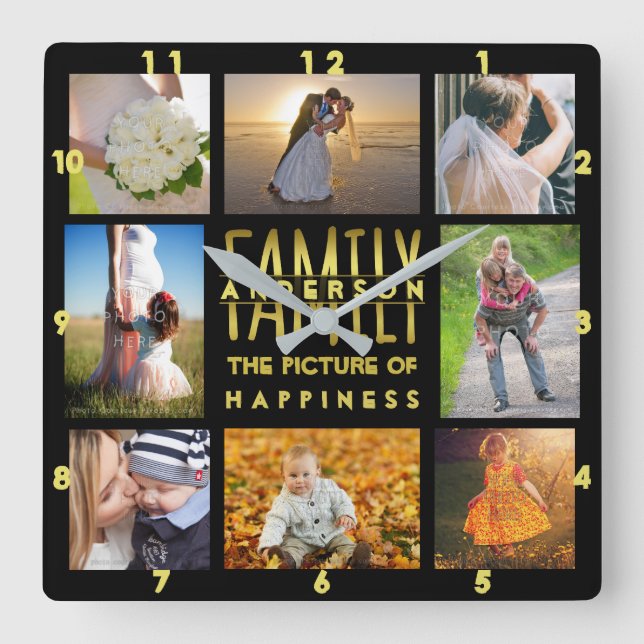 Horloge Carrée Family Photo Collage Ajouter le nom Modèle Gold Bl (Recto)