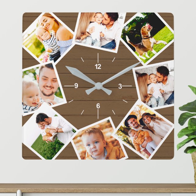 Horloge Carrée Family Photo Collage Rustic Farmhouse Brown (Créateur téléchargé)