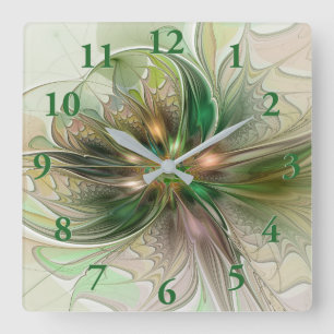 Horloge Carrée Fantaisie Abstraite Moderne Fleur Fractale Colorée