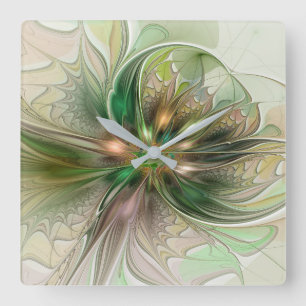 Horloge Carrée Fantaisie Abstraite Moderne Fleur Fractale Colorée