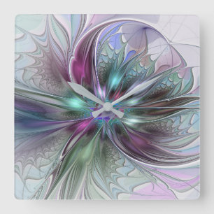 Horloge Carrée Fantaisie Abstraite Moderne Fleur Fractale Colorée