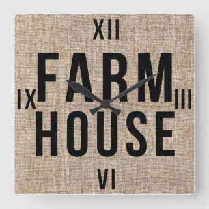 Horloge Carrée FARMHOUSE lettrage noir toile de jute rustique