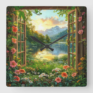 Horloge Carrée Fausse fenêtre paysage Décoration de cabane rustiq
