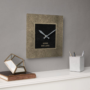 Horloge Carrée Faux Brown Mur en Cuir Noir
