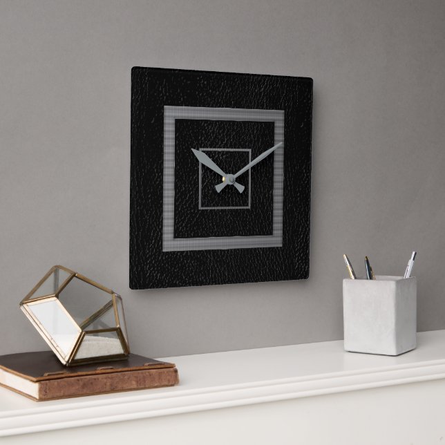 Horloge Carrée Faux Cuir noir gris moderne (Bureau)
