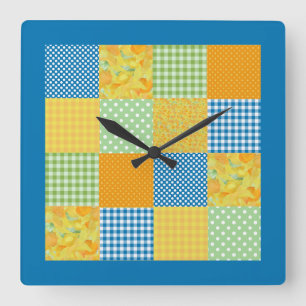 Horloge Carrée Faux-Patchwork, Daffodiles, Polkas, Chèques sur Bl
