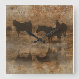 Horloge Carrée Faux Stone Textured Horses Clock