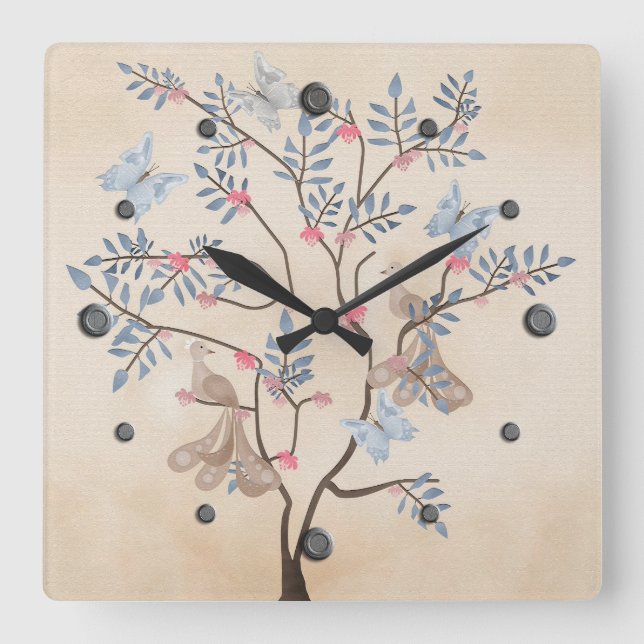 Horloge Carrée Fée imaginaire oiseaux fleurs beige grunge rétr (Recto)