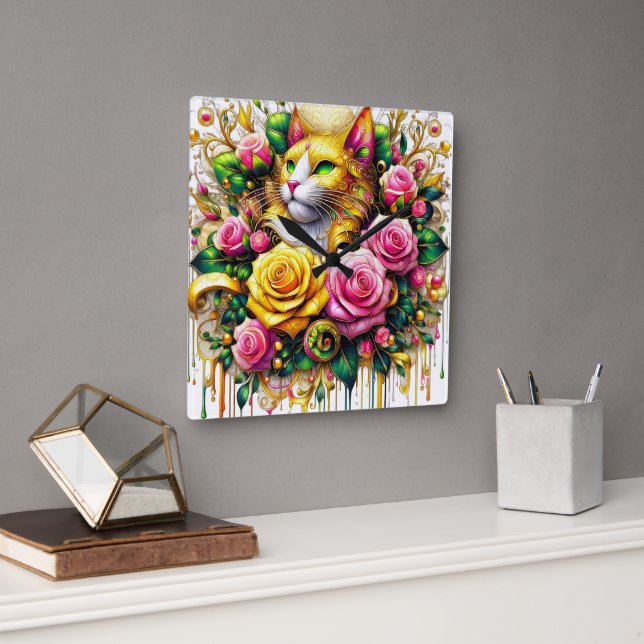 Horloge Carrée Feline au milieu d'une floraison vibrante (Bureau)