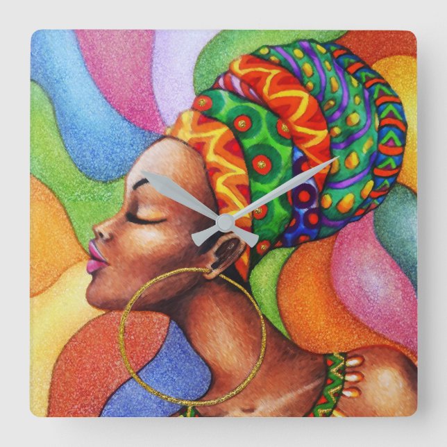 Horloge Carrée Femme africaine avec cire tissu traditionnel (Recto)