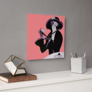 Horloge Carrée Femme Art Déco Vintage, Thé de l'après-midi et Cup