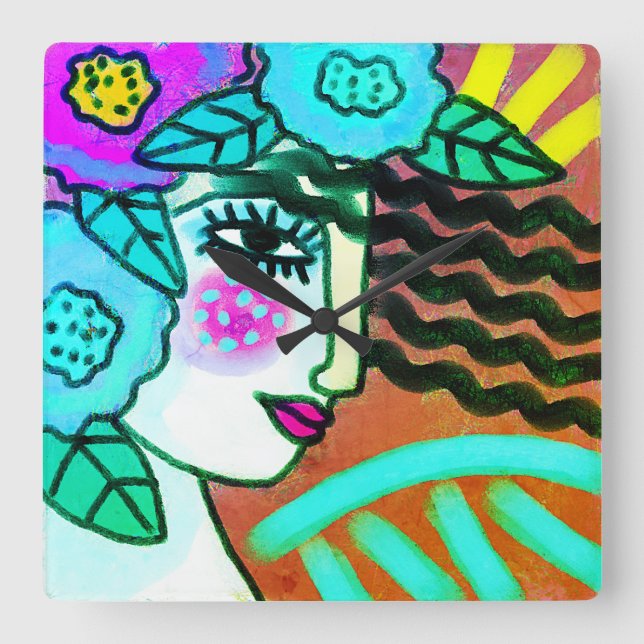 Horloge Carrée Femme aux fleurs Art Abstrait (Recto)