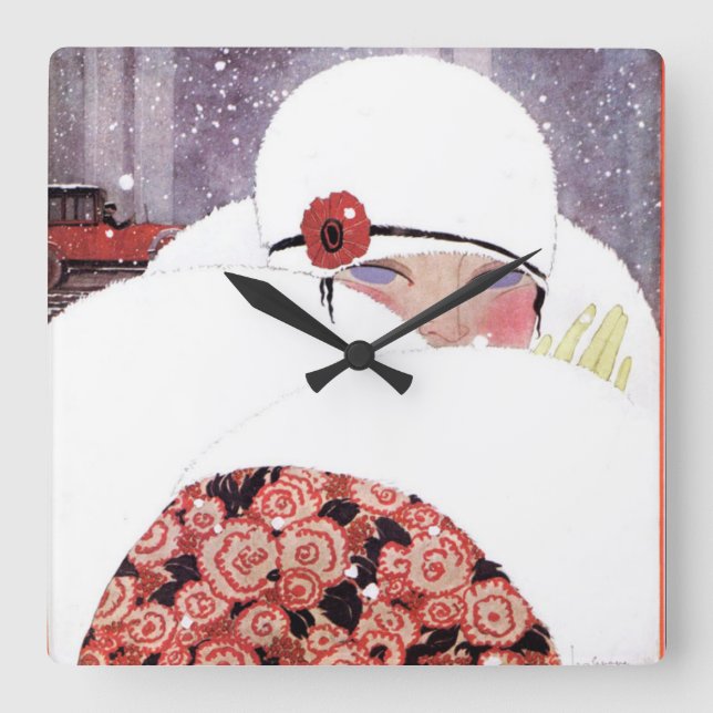 HORLOGE CARRÉE FEMME DANS LA NEIGE, MODE DE BEAUTÉ D'HIVER (Recto)