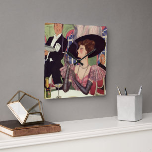 Horloge Carrée Femme vintage fumant une cigarette buvant du champ