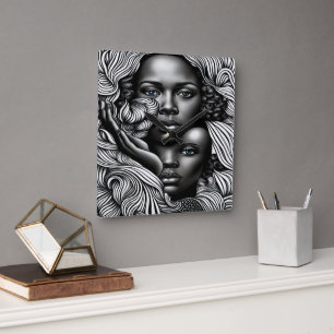 Horloge Carrée Femmes afro-américaines Abstraites noires et blanc