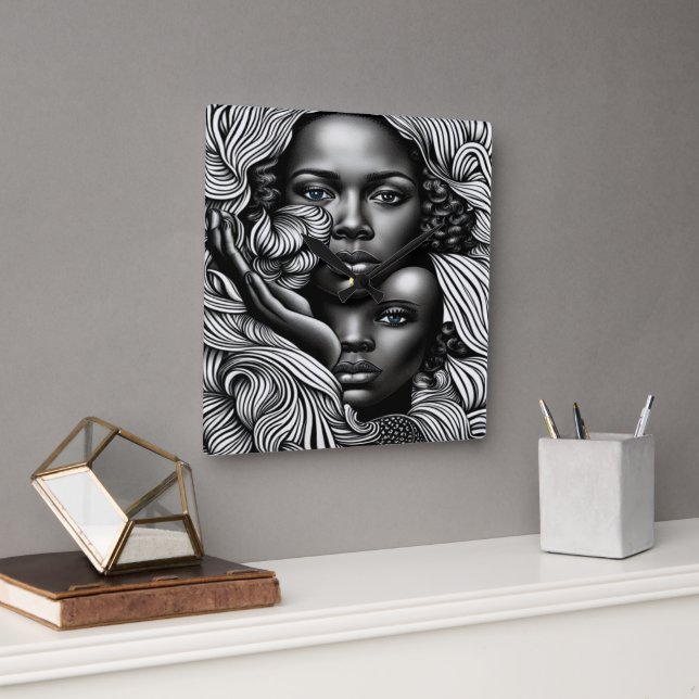 Horloge Carrée Femmes afro-américaines Abstraites noires et blanc (Bureau)