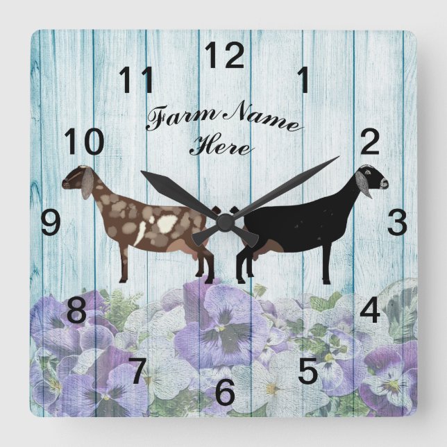 Horloge Carrée Ferme de chèvres laitières à fleurs bleues personn (Recto)