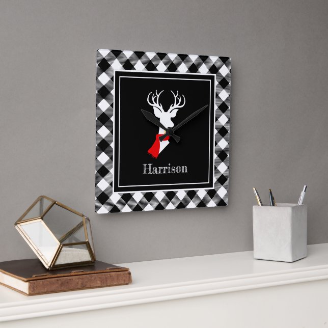 Horloge Carrée Ferme Noir Blanc Plaid Chic Deer Personnalisé (Bureau)