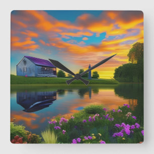 Horloge Carrée Ferme Purple Roof Pond à Sunrise