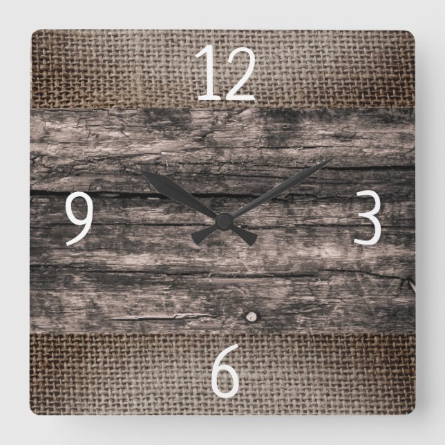 Horloge Carrée Ferme Rustique Brown En Bois Sombre Et Burlap (Recto)