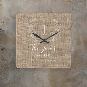 Horloge Carrée Ferme rustique élégante famille monogrammed