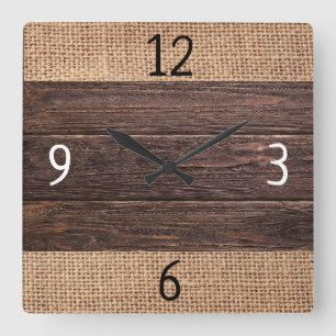 Horloge Carrée Ferme rustique en bois et de toile de jute