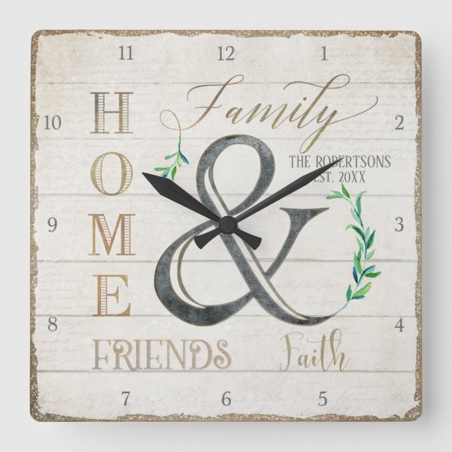 Horloge Carrée Ferme Shiplap Wood Accueil Amis Nom de famille (Recto)