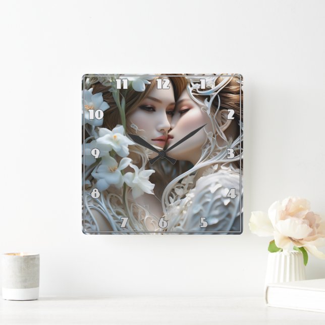 Horloge Carrée Fermer Embrace de deux femmes parmi les fleurs (Maison)