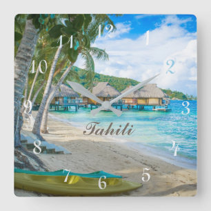 HORLOGE CARRÉE FERMETURE TAHITI.  BELLE PLAGE DE TAHITI PARADISE 