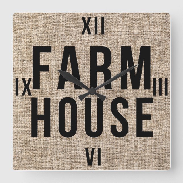 Horloge Carrée FERMHOUSE Black Lettres Rustique Burlap Sacking (Recto)