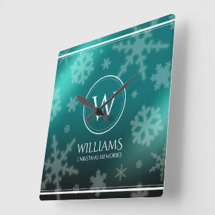 Horloge Carrée Festif Blue Foil Snowflakes Monogramme Nom