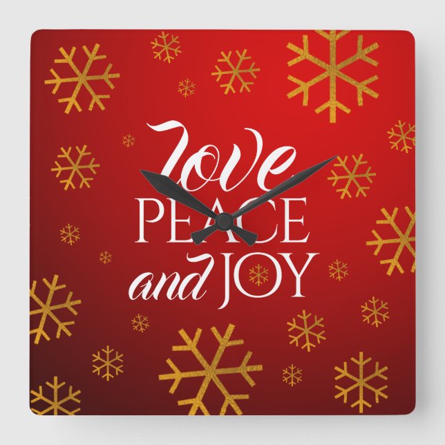 Horloge Carrée Festive Red Love, Peace and Joy with Snowflakes (Recto)