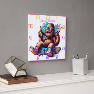Horloge Carrée Fête avec le Sasquatch chill sur skateboards