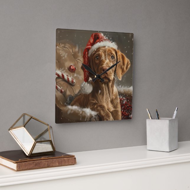 Horloge Carrée Fête de Noël de Chien Vizsla (Bureau)
