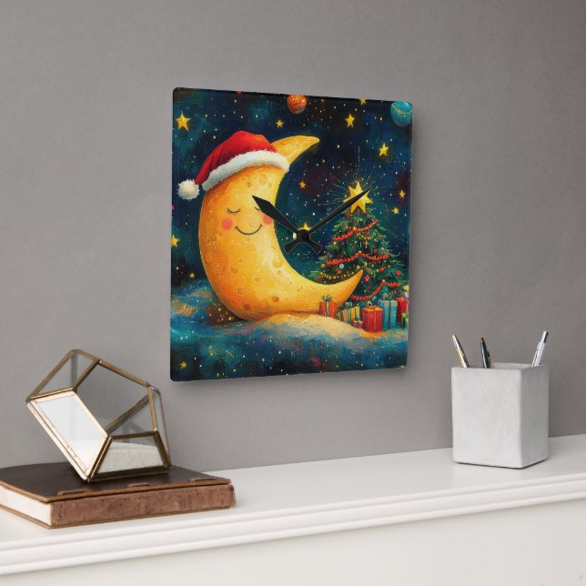 Horloge Carrée Fête de Noël drôle Lune Galaxy (Bureau)