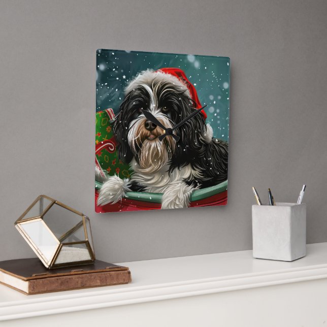 Horloge Carrée Fête de Noël du chien tibétain Terrier (Bureau)