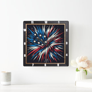 Horloge Carrée Feu d'artifice Patriotique Rouge Blanc Bleu
