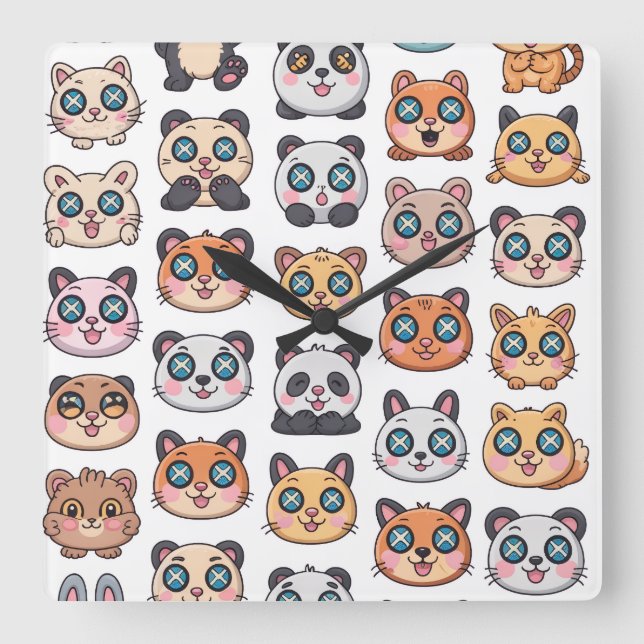 Horloge Carrée Feuille d'autocollants d'animaux mignons Personnag (Recto)