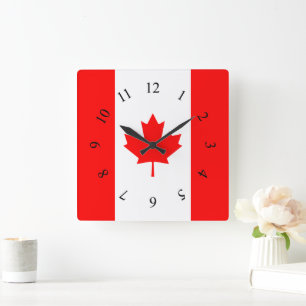 Horloge Carrée Feuille d'érable rouge et blanc canadien Canada