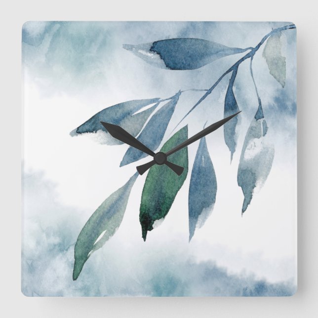 Horloge Carrée Feuilles Abstraits Indigo Blue Green (Recto)