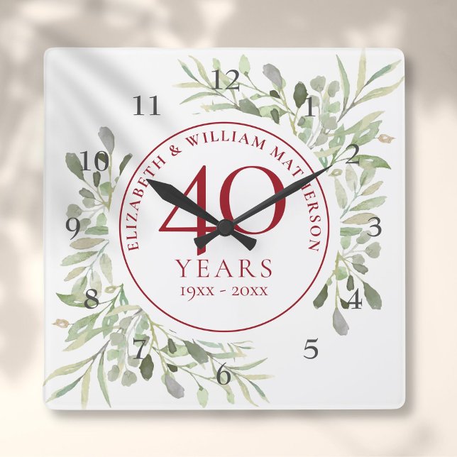 Horloge Carrée Feuilles Aquarelle Douce 40e Anniversaire (Soft Watercolour Leaves 40th Anniversary Square Wall Clock)