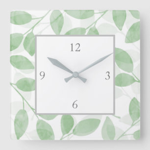 Horloge Carrée Feuilles d'aquarelle verte Sage