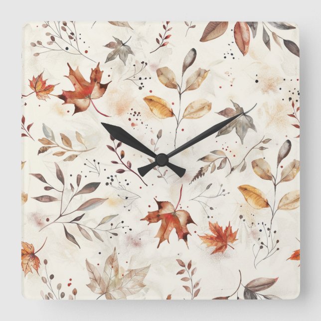 Horloge Carrée Feuilles d'automne douillettes impression botaniqu (Recto)