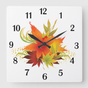 Horloge Carrée Feuilles d'automne Thanksgiving Nombres noirs