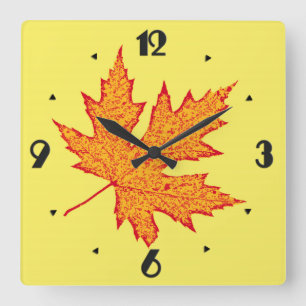 Horloge Carrée Feuilles de chêne - or orange et moutarde