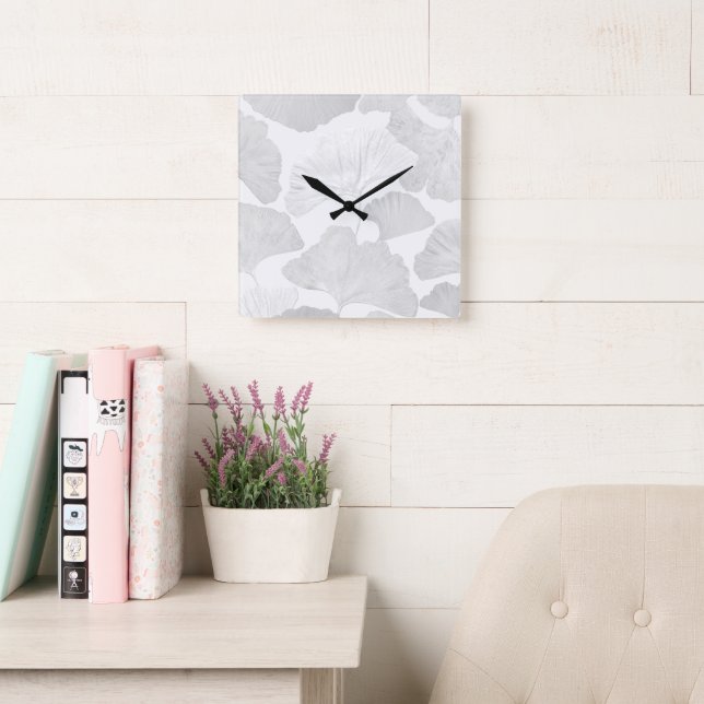 Horloge Carrée Feuilles de Ginkgo Rêve Gris Doux 2 (Salle de lecture)