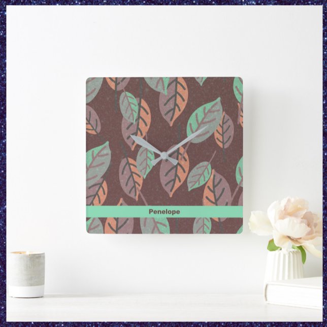 Horloge Carrée Feuilles modernes Mint Green Orange et violet (Créateur téléchargé)