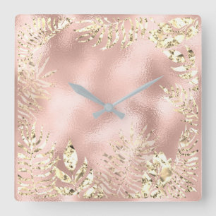 Horloge Carrée Feuilles tropicales d'or de Champaigne Rose métall