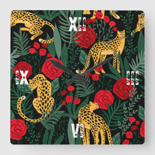 Horloge Carrée Feuilles verts du safari animal de Leopard Red Ros